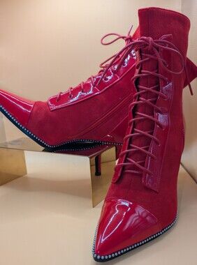 Sammitop  Red Lace-Up Pointed Toe Booties Suede/ Patent Leather Silver Beads 9.5